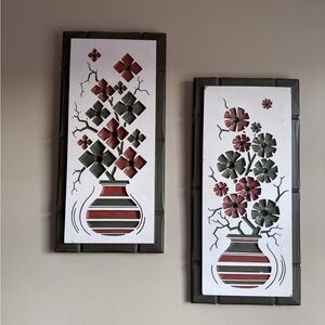 Mid Century Modern Vintage Floral Wall Art Set in avocado green and orange